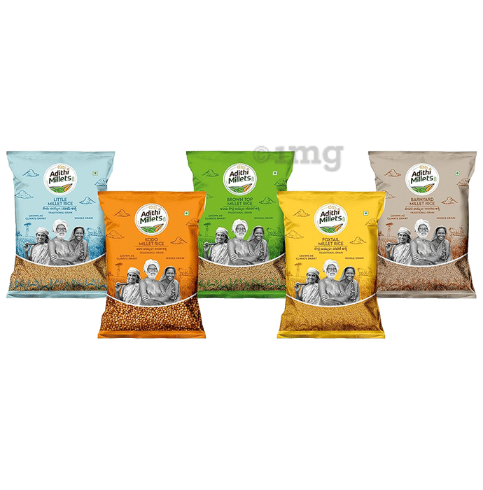 Adithi Millets Combo Pack of BrownTop Millet Rice , Barnyard Millet Rice , Foxtail Millet Rice , Little Millet Rice & Kodo Millets Rice (500gm Each)