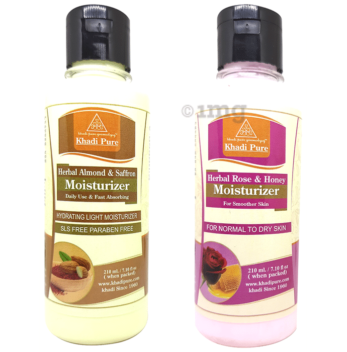 Khadi Pure Combo Pack of Herbal Rose & Honey Moisturizer & Herbal Almond & Saffron Moisturizer SLS Free & Paraben Free (210ml Each)