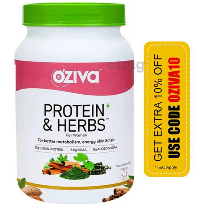 Oziva Protein & Herbs Whey Protein | For Metabolism, Energy, Skin & Hair | For Women| Flavour Vanilla Almond