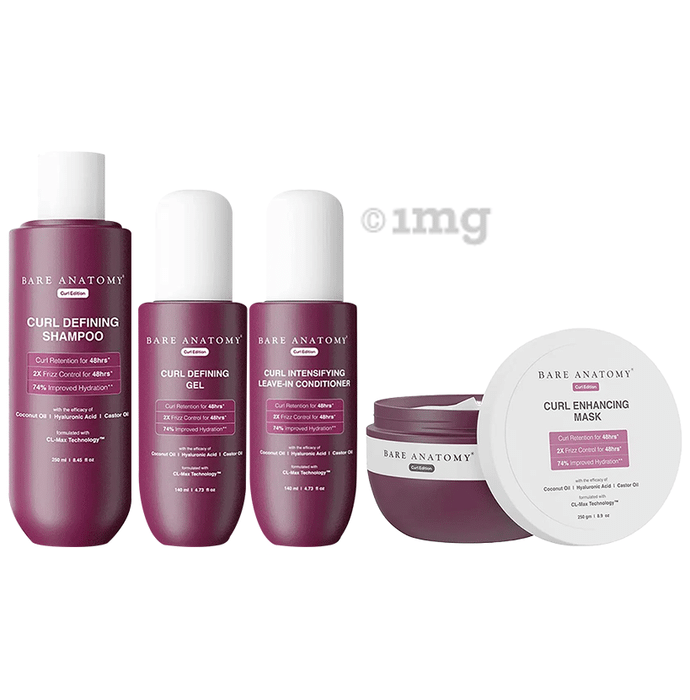 Bare Anatomy Combo Pack of Curl Defining Shampoo (250ml), Curl Defining Gel (140ml), Curl Intensifying Leave-In Conditioner (140ml) & Cure Enhancing Mask (250gm)