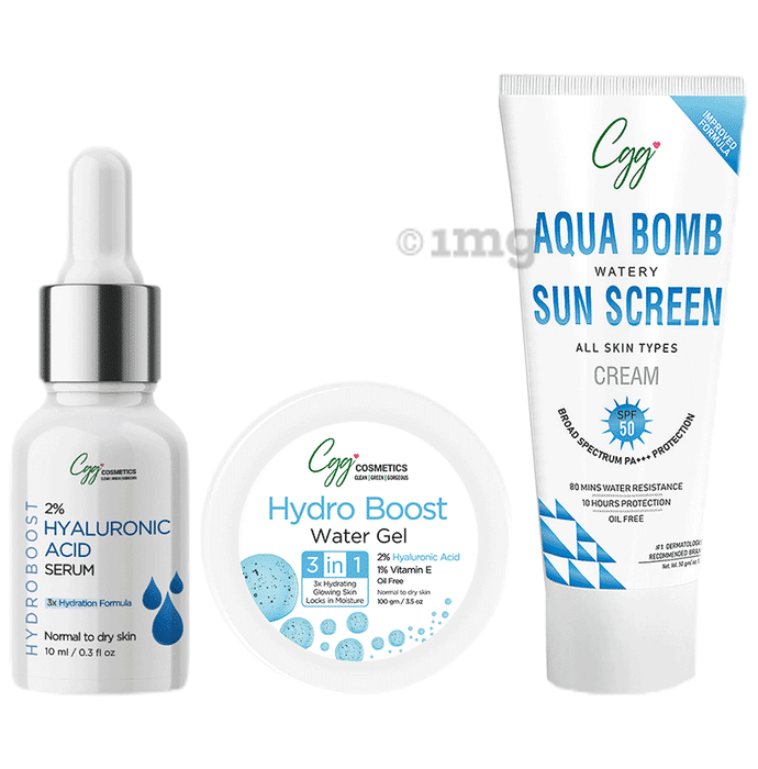 CGG Cosmetics Combo Pack of 2% Hyaluronic Acid Serum (10ml) & Hydro Boost Water Gel (100gm) , Aqua Bomb Watery Sunscreen Cream SPF 50 (50 gm)