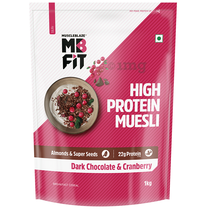 MuscleBlaze Fit High Protein Muesli 22 g Protein | Flavour Dark Chocolate & Cranberry