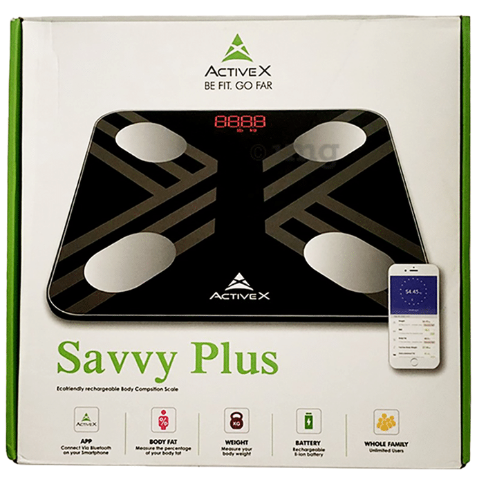 ActiveX Savvy Plus Rechargeable Body Fat Digital Bathroom Scale with Free ActiveX App & Measuring Tape