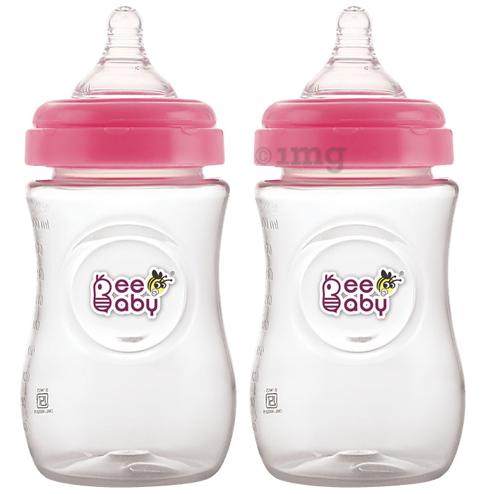 BeeBaby Ease Wide Neck Baby Feeding Bottle with Medium Flow Anti-Colic Soft Silicone Nipple 8 Months + (300ml Each) Pink