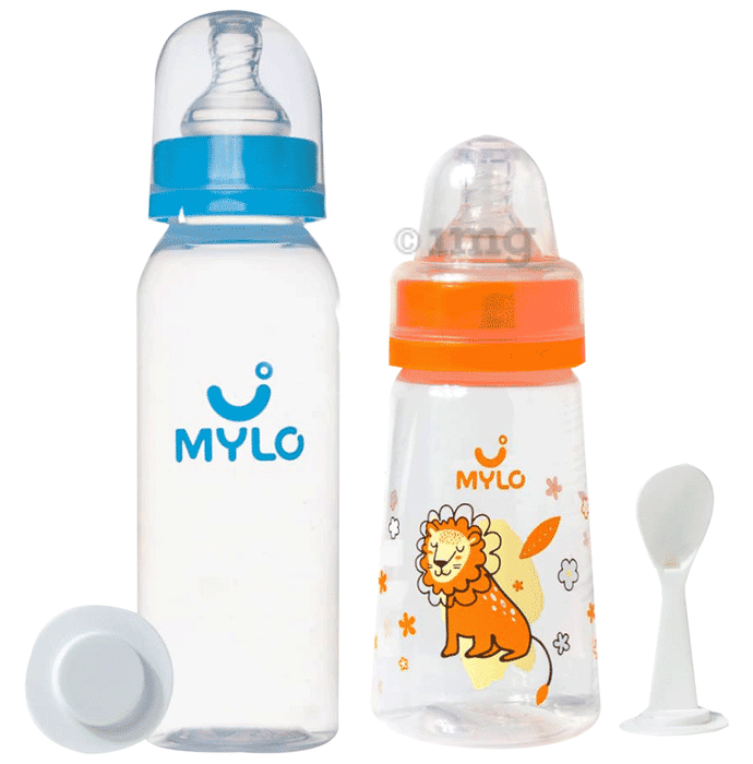 Mylo 2 In 1 BPA Free with Anti-Colic Nipple & Spoon Baby Feeding Bottle (125ml & 250 ml) Lion & Sky Blue