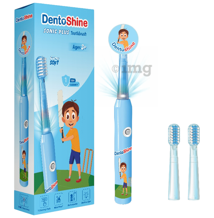 DentoShine Sonic Plus Electric Toothbrush  for Kids (Ages 3+) USB Rechargeable 3 Modes of Cleaning & 2 Extra Brush Heads Blue