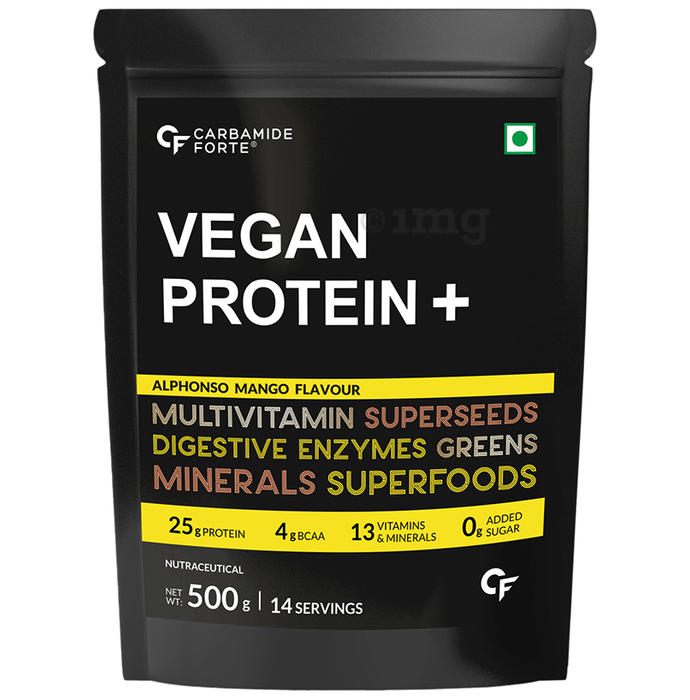 Carbamide Forte Vegan Protein+ with Multivitamins | No Added Sugar | Flavour Powder Alphonso Mango