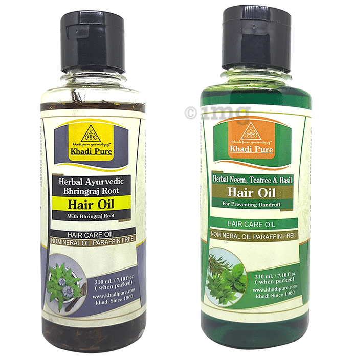 Khadi Pure Combo Pack of Herbal Ayurvedic Bhringraj Root Hair Oil & Herbal Neem Teatree & Basil Hair Oil Mineral Oil & Paraffin Oil Free (210ml Each)
