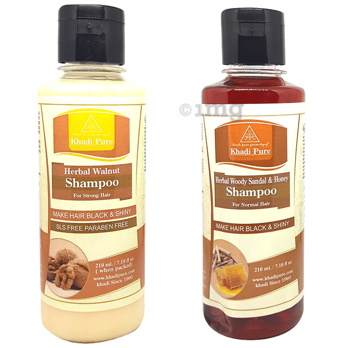 Khadi Pure Combo Pack of Herbal Woody Sandal & Honey Shampoo & Herbal Walnut Shampoo SLS Free & Paraben Free (210ml Each)