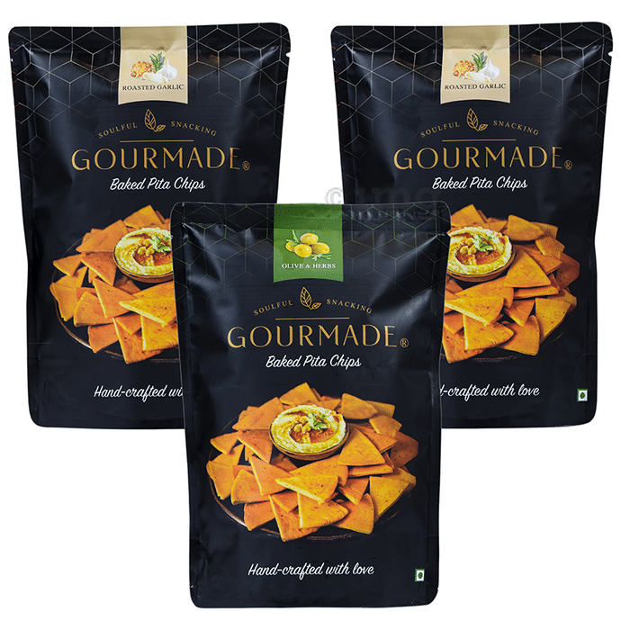 ‎Gourmade Soulful Snacking Combo Pack of Pita Chips Roasted Garlic-2 & Olive & Herbs-1 (125gm Each)