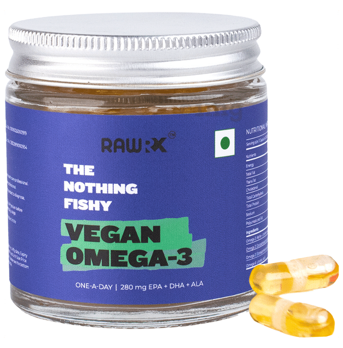 RawRX Vegan Omega 3 Fatty Acid Capsule | 280 mg EPA + DHA + ALA Formula for Heart, Hair & Joints Capsule