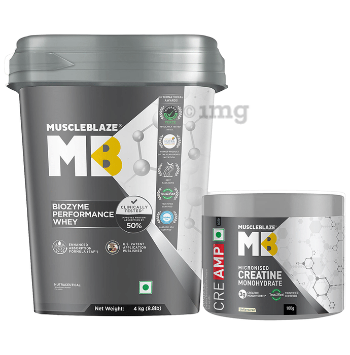 MuscleBlaze Combo Pack of Biozyme Performance Whey Protein Powder Blue Tokai Coffee (4kg) & Creatine Monohydrate Unflavoured (100gm)
