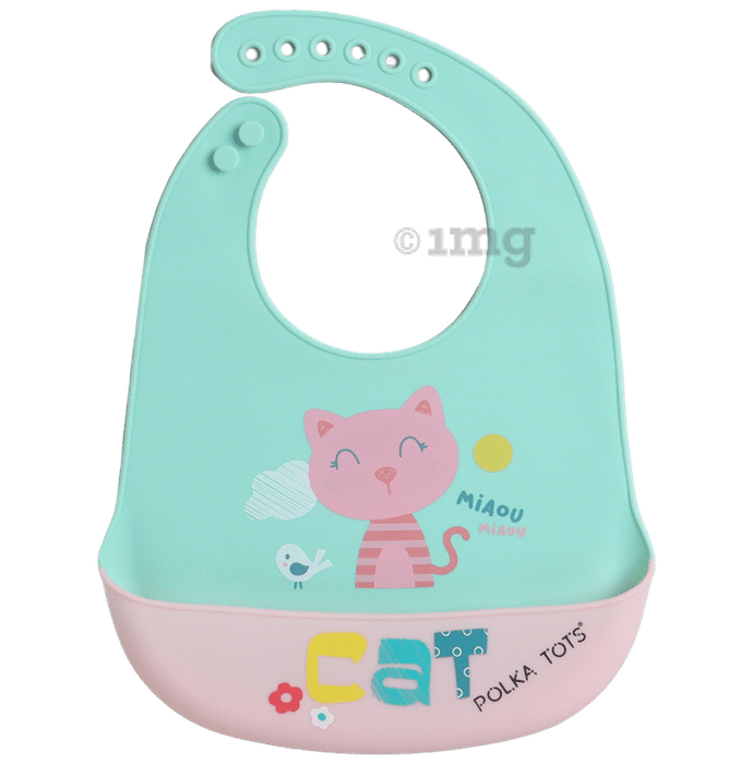 Polka Tots Waterproof Silicone Feeding Bibs with Adjustable Snap Buttons Cat Print Green