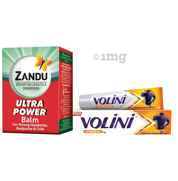 Combo Pack of Zandu Balm Ultra Power (8ml) & Volini Pain Relief Gel for Sprain, Muscle Pain (75gm)