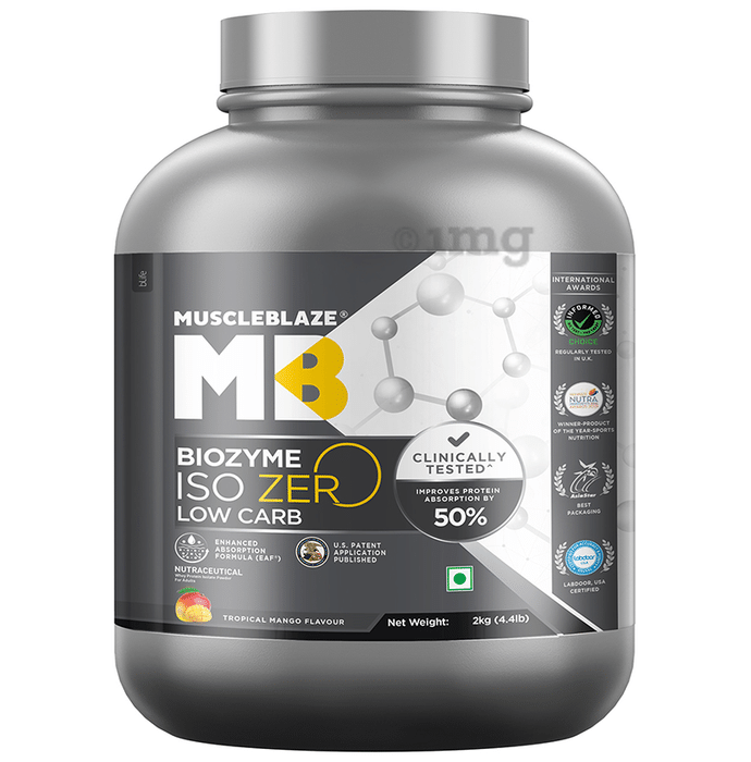 MuscleBlaze Biozyme Iso Zero Low Carb | Improves Protein Absorption by 50% | Flavour Powder Tropical Mango