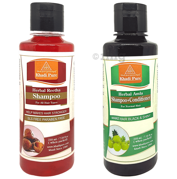 Khadi Pure Combo Pack of Herbal Amla Shampoo+Conditioner & Herbal Reetha Shampoo SLS & Paraben Free (210ml Each)