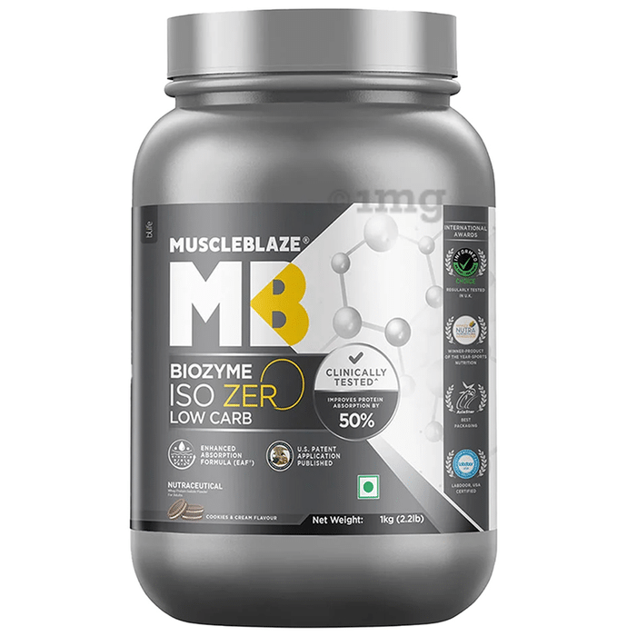 MuscleBlaze Biozyme Iso Zero Low Carb | Improves Protein Absorption by 50% | Flavour Powder Cookies & Cream