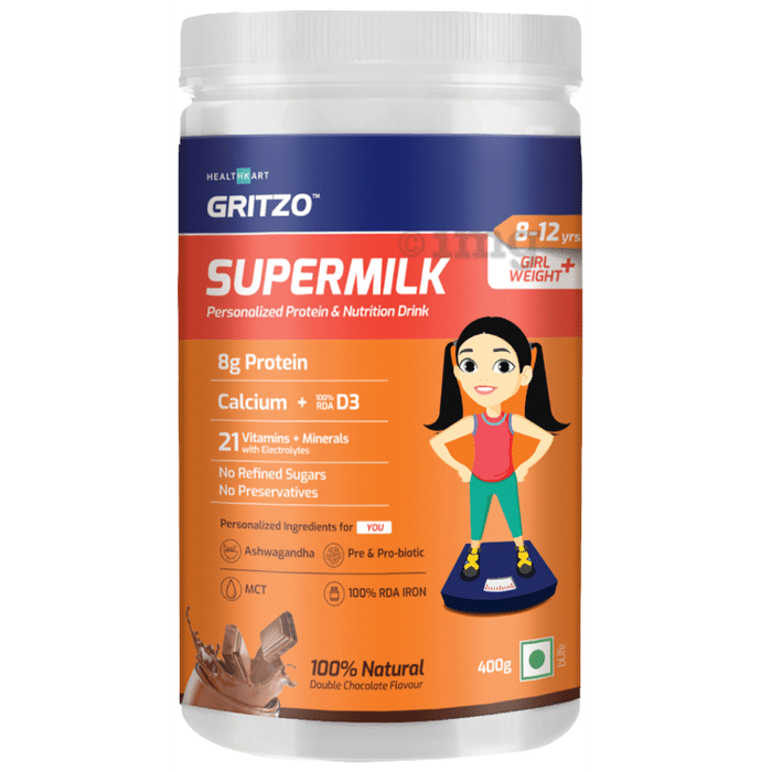 Gritzo Super Girl Milk Protein Weight+ for 8-12 Years | With Calcium & Vitamin D3 | Flavour Double Chocolate