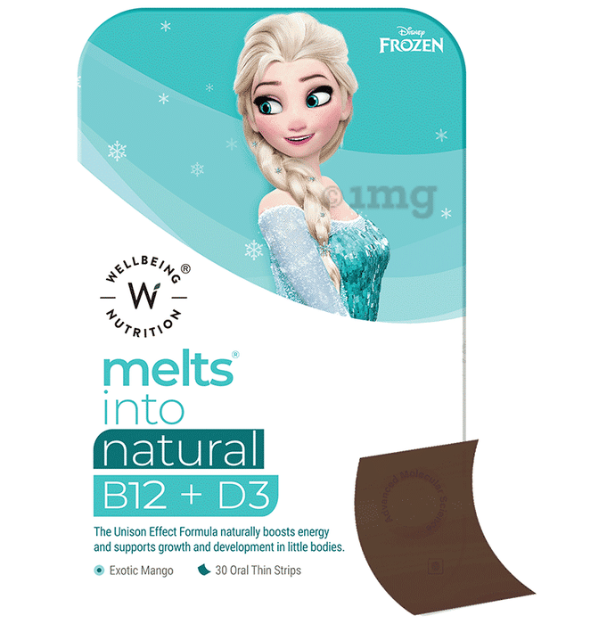Wellbeing Nutrition Disney Frozen Melts into Natural B12 + D3 Oral Thin Strip For Energy, Growth & Development | Flavour Exotic Mango