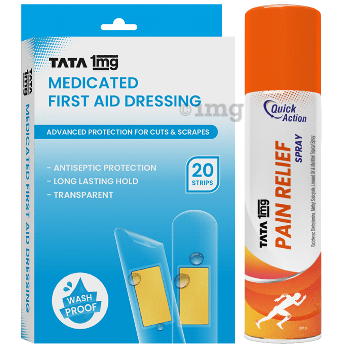 Combo Pack of Tata 1mg Pain Relief Spray (100gm) & Tata 1mg Medicated First Aid Dressing - Washproof, Bandages (20)