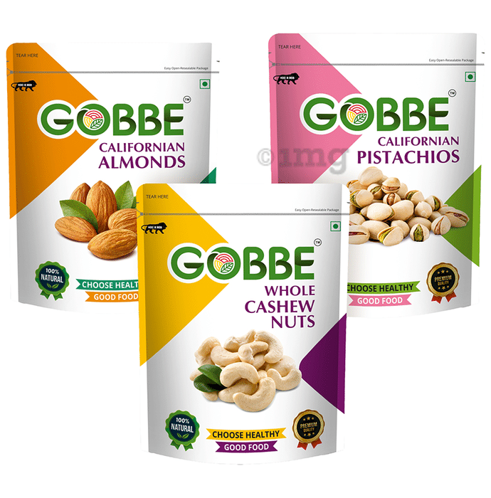Gobbe Combo Pack of Almonds + Cashew + Pistachios (200gm Each)