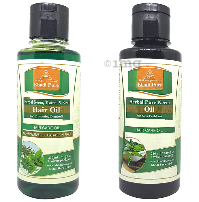 Khadi Pure Combo Pack of Herbal Pure Neem Oil & Herbal Neem, Teatree & Basil Hair Oil Mineral Oil Free & Paraffin Free (210ml Each)