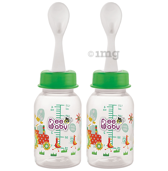 BeeBaby 2 in 1 Gentle Slim Neck Baby Feeding Bottle with Anti - Colic Gentle Touch Silicone Nipple and Feeder Spoon4 Months + (125ml Each) Green