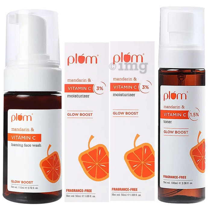Plum Combo Pack of Mandarin and Vitamin C 1.5% Toner (100ml), Mandarin & Vitamin C 3% Moisturizer (50ml), Mandarin & Vitamin C 15% Face Serum | Fragrance-Free (30ml) & Mandarin and Vitamin C Foaming Face Wash (100ml)