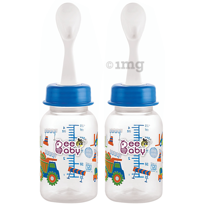 BeeBaby 2 in 1 Gentle Slim Neck Baby Feeding Bottle with Anti - Colic Gentle Touch Silicone Nipple and Feeder Spoon4 Months + (125ml Each) Blue