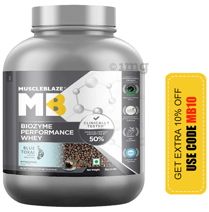 MuscleBlaze Biozyme Performance Whey Protein | For Muscle Gain | Improves Protein Absorption by 50% | Flavour Powder Blue Tokai Coffee
