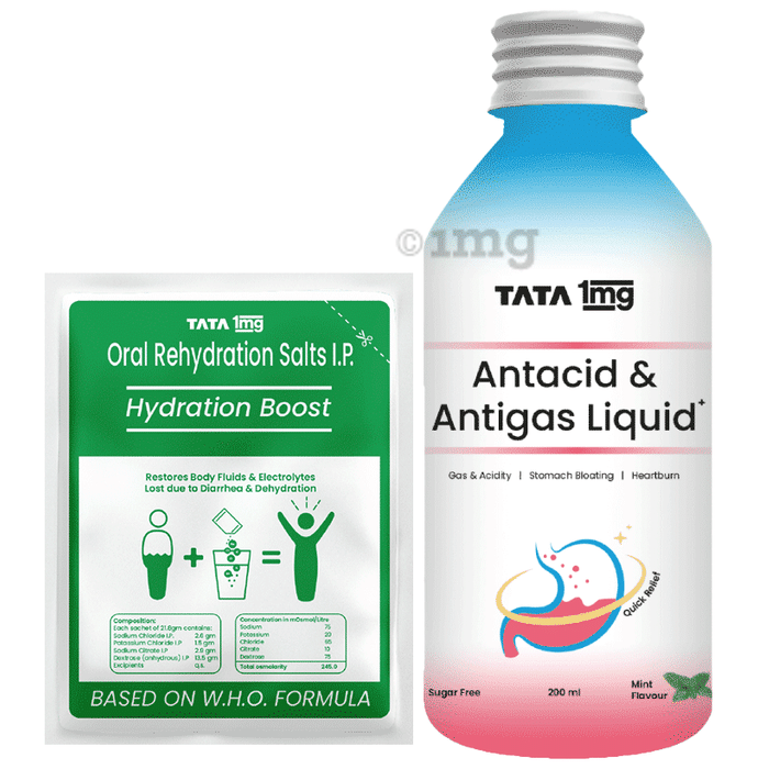 Combo Pack of Tata 1mg Antacid & Antigas Gel (200ml) & Tata 1mg ORS Hydration Boost (21.8gm)