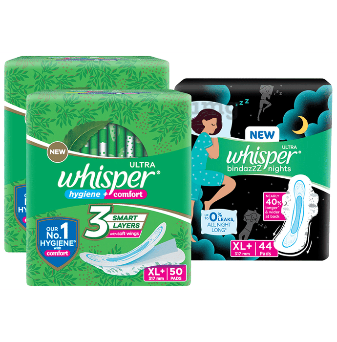 Whisper Ultra Hygiene + Comfort Sanitary Pads XL+ (50 Each) with Whisper Ultra Bindazzz Nights Sanitary Pads XL+ (44 Pads) Free
