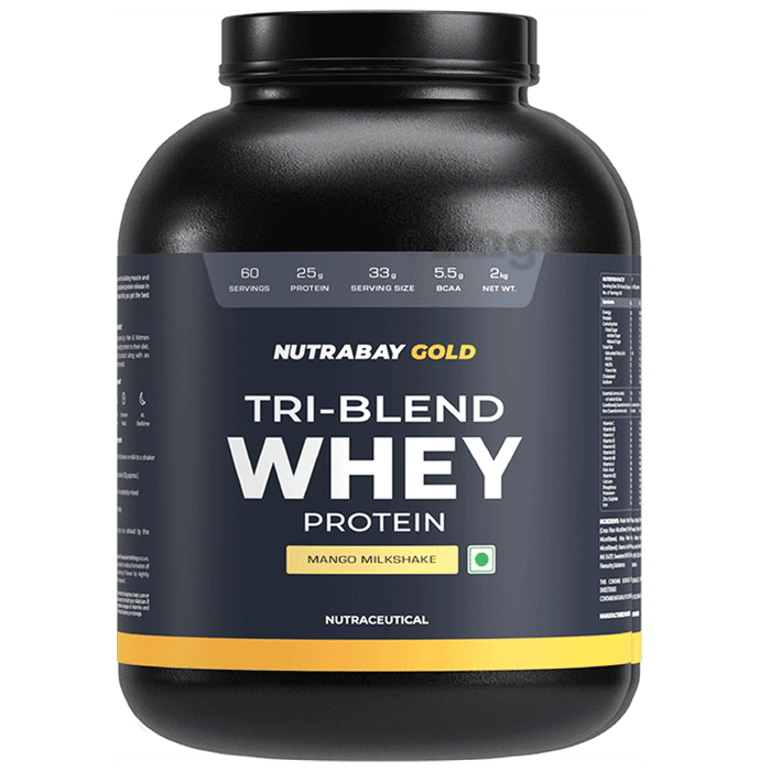 Nutrabay Gold Tri-Blend Whey Protein for Muscle Recovery & Immunity | No Added Sugar | Flavour Powder Mango Milkshake
