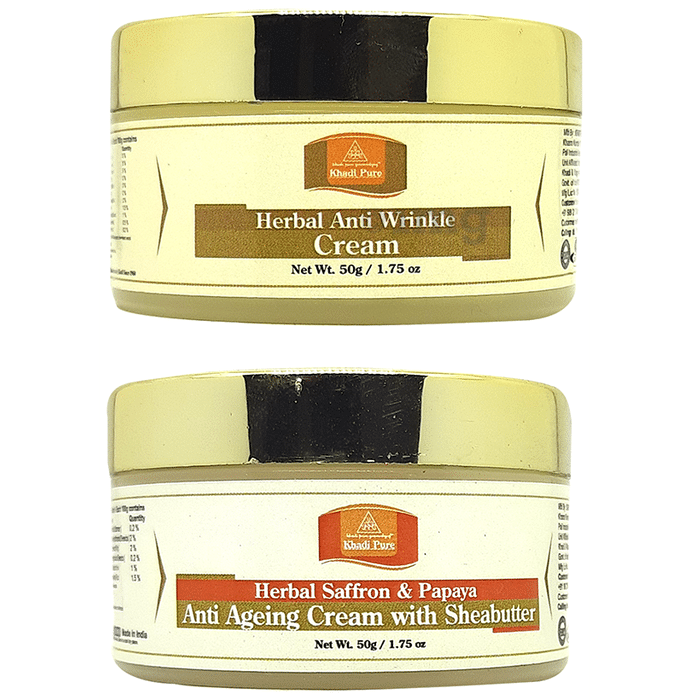 Khadi Pure Combo Pack of Anti Wrinkle Cream & Herbal Saffron & Papaya Anti Ageing Cream with Sheabutter (50gm Each)