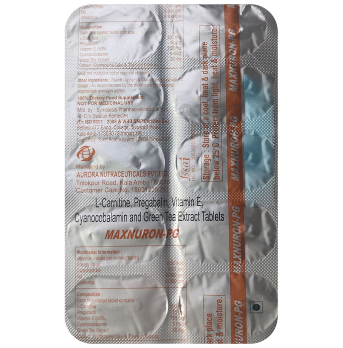 Maxnuron-PG Tablet with L-Carnitine, Pregabalin, Vitamin E, Methylcobalamin & Green Tea Extract