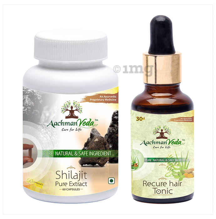 Aachman Veda Shilajit Pure Extract Capsule with Aachman Veda Recure Hair Tonic 30ml Free