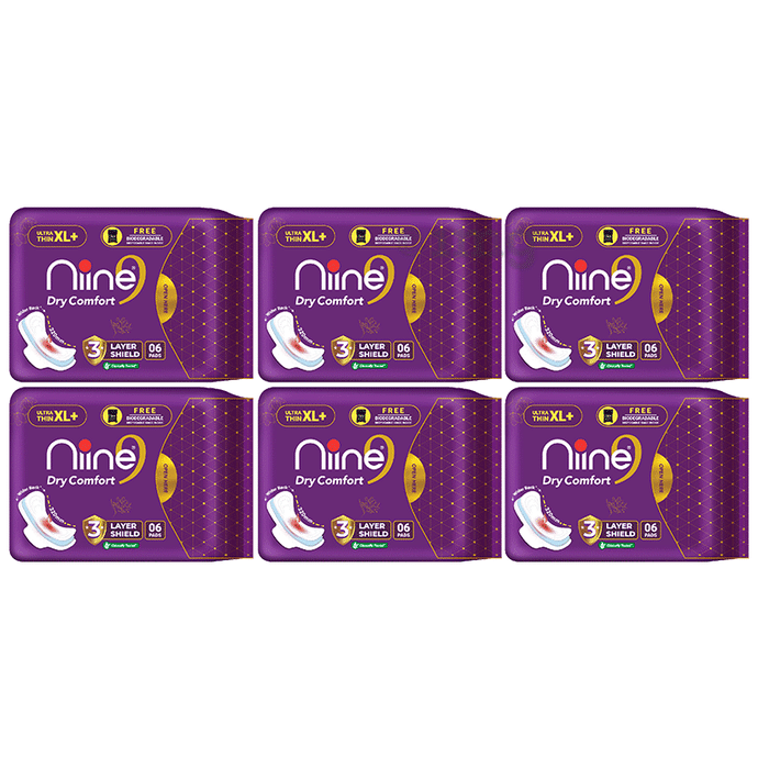 Niine Dry Comfort 3 Layer Shield Ultra Thin Sanitary Pads (6 Each) with Biodegradable Disposable Bags XL+