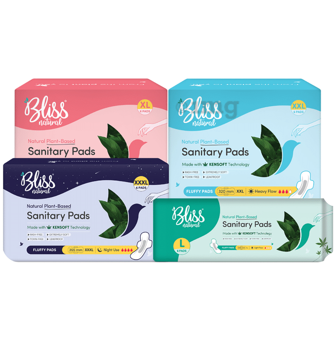 Bliss Combo Pack of Natural Plant Based Sanitary Pads L, XL, XXL & XXXL (6 Each)