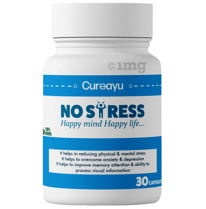 Cureayu No Stress Ayurvedic Capsule | For Improved Mental Health | Natural Stress Reliever | Calms Mind | Improves Anxiety & Depression | Potent Mood Enhancer | 100 % Herbal