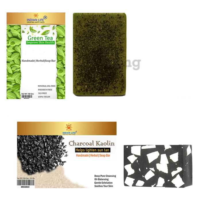 Indian Life Combo Pack of Green Tea Handmade Soap Bar and Charcoal Kaolin Handmade Soap Bar (100gm Each)