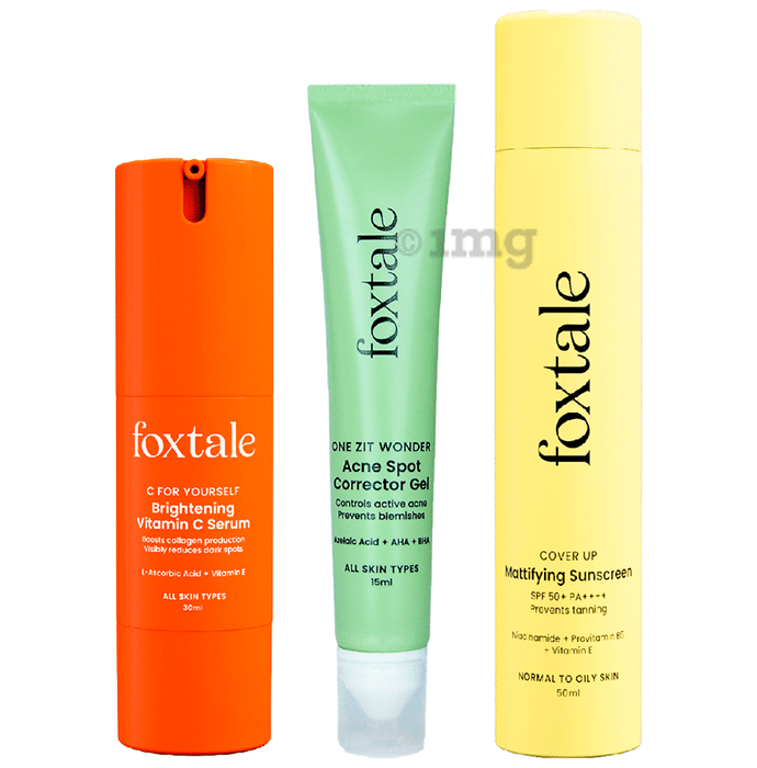 Foxtale Combo Pack of Brightening Vitamin C Serum 30ml, Acne Spot Corrector Gel 15ml and Mattifying Sunscreen 50ml