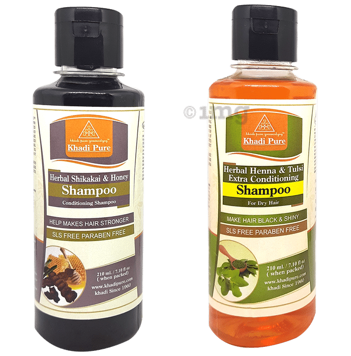 Khadi Pure Combo Pack of Herbal Heena & Tulsi Extra Conditioning Shampoo & Herbal Shikakai & Honey Shampoo SLS & Paraben Free (210ml Each)