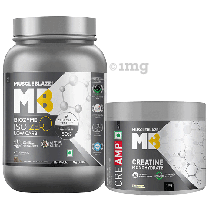 MuscleBlaze Combo Pack of  Biozyme Iso-Zero, Low Carb, Pure Whey Protein Isolate, 27 g Pure Isolate Whey Per Scoop (Ice Cream Chocolate 1 kg ) & Creatine Monohydrate CreAMP™ with CreAbsorb™(100gm)