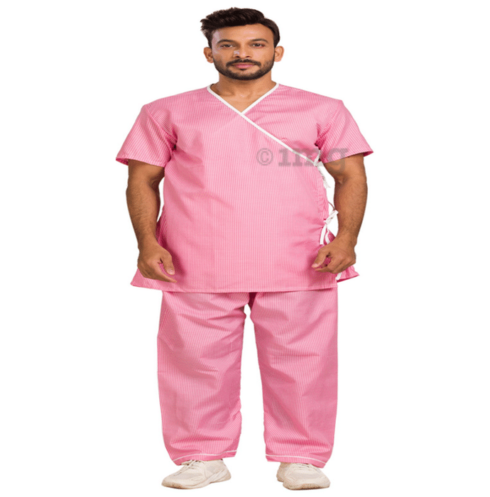 Agarwals Unisex Patient Dress Front Open Overlap Pink Checks XXXL