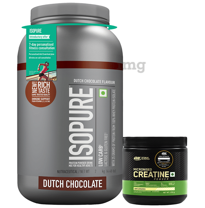 Combo Pack of Isopure Protein Powder Chocolate Flavour (2kg) & Micronised Creatine Powder Unflavoured (250gm)