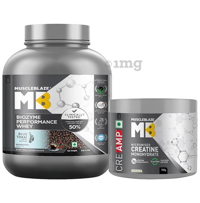 MuscleBlaze Combo Pack of Biozyme Performance Whey Protein Powder Blue Tokai Coffee (2kg) & Creatine Monohydrate Unflavoured (100gm)