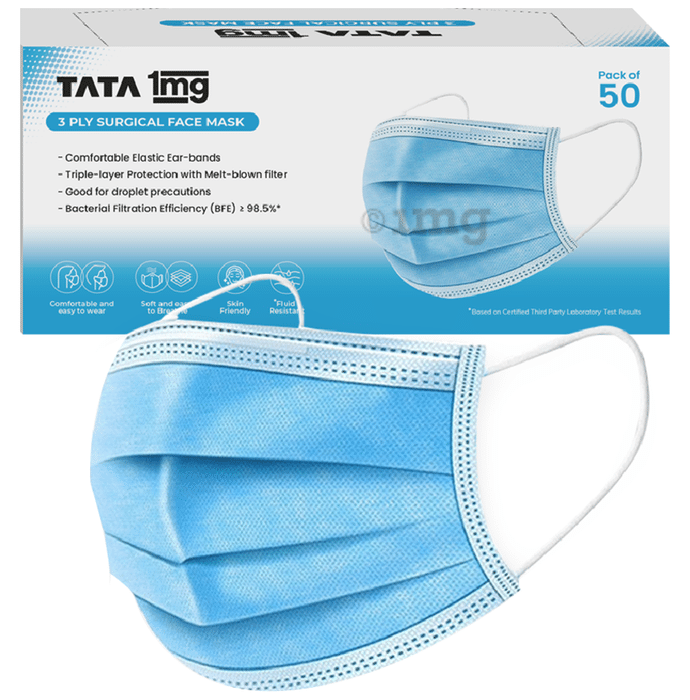 Tata 1mg 3 Ply Surgical Mask with Meltblown Filter and Nose Pin 50 Mask Light Blue