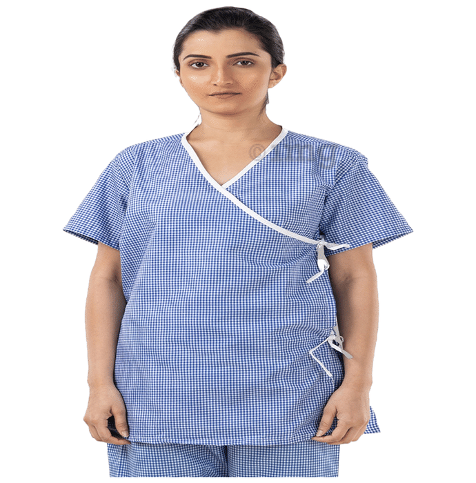 Agarwals Unisex Patient Dress Front Open Overlap Blue Checks Small