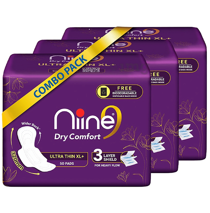 Niine Dry Comfort Ultra Thin  Sanitary Pads for Heavy Flow with Biodegradable Disposable Bags Inside ( 50 Each)