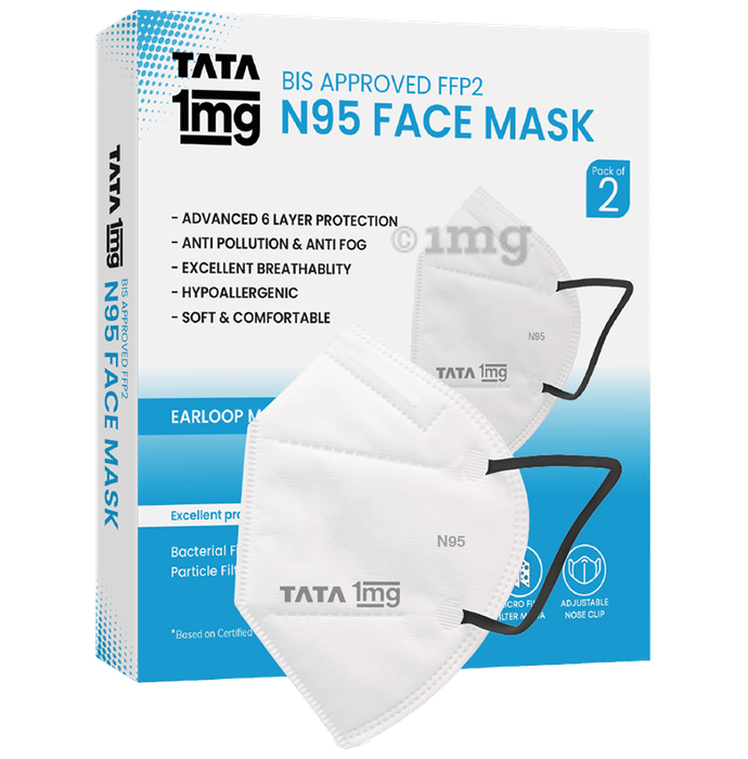 Tata 1mg BIS Approved FFP2 N95 Mask White - Ear Loop, Premium Face Mask 6 Layers